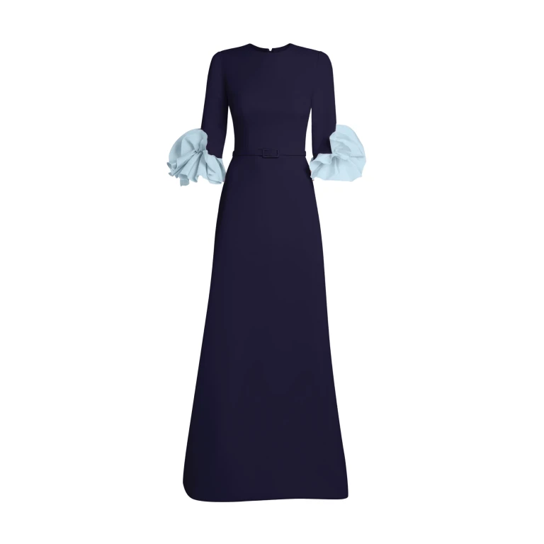 Safiyaa Belen Long Dress in Azurite & Vista - Safiyaa Dresses - Heavy Crepe Cape Gown - Shop at Luxury Shoes 