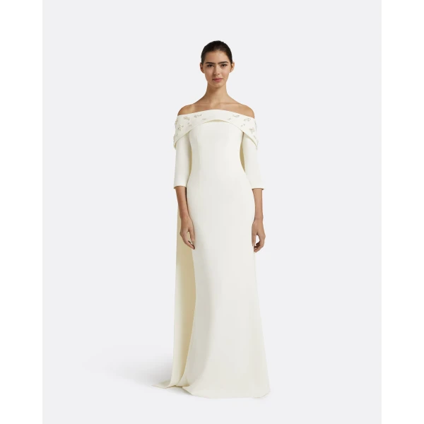 Safiyaa Bellara Pearl Floral Embroidered Ivory Harness & Soshin Dress - Safiyaa Dresses - Heavy Crepe Cape Gown - Shop at Luxury Shoes 