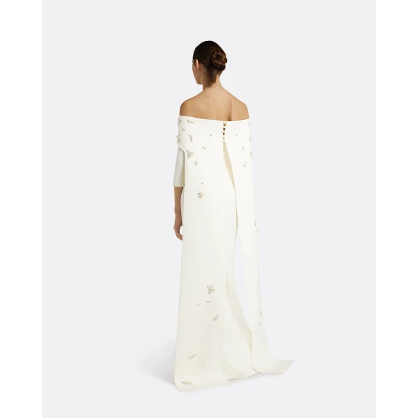 Safiyaa Bellara Pearl Floral Embroidered Ivory Harness & Soshin Dress - Safiyaa Dresses - Heavy Crepe Cape Gown - Shop at Luxury Shoes 