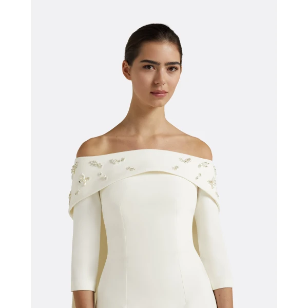Safiyaa Bellara Pearl Floral Embroidered Ivory Harness & Soshin Dress - Safiyaa Dresses - Heavy Crepe Cape Gown - Shop at Luxury Shoes 
