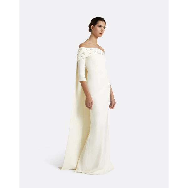 Safiyaa Bellara Pearl Floral Embroidered Ivory Harness & Soshin Dress - Safiyaa Dresses - Heavy Crepe Cape Gown - Shop at Luxury Shoes 