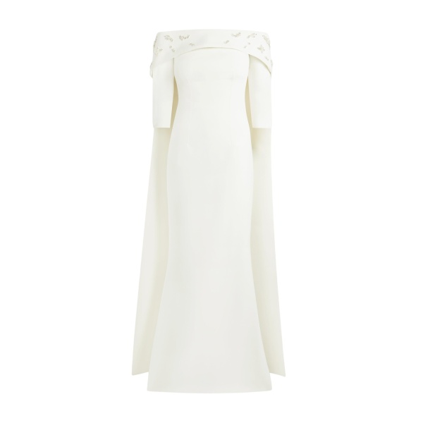 Safiyaa Bellara Pearl Floral Embroidered Ivory Harness & Soshin Dress - Safiyaa Dresses - Heavy Crepe Cape Gown - Shop at Luxury Shoes 