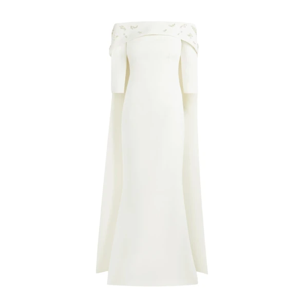 Safiyaa Bellara Pearl Floral Embroidered Ivory Harness & Soshin Dress - Safiyaa Dresses - Heavy Crepe Cape Gown - Shop at Luxury Shoes 