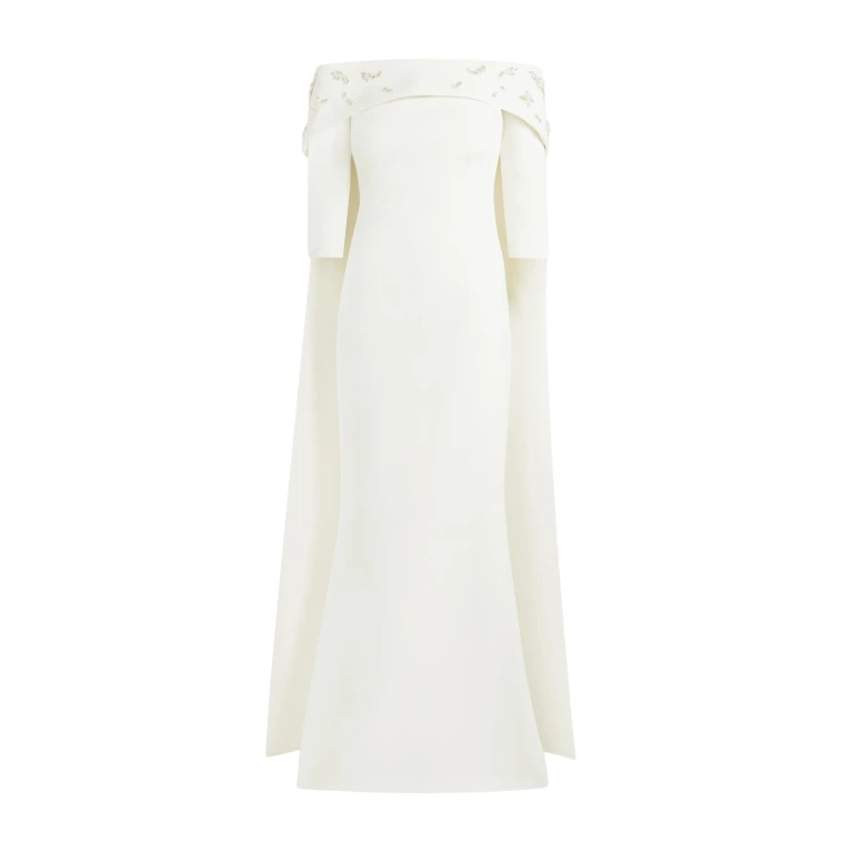 Safiyaa Bellara Pearl Floral Embroidered Ivory Harness & Soshin Dress - Safiyaa Dresses - Heavy Crepe Cape Gown - Shop at Luxury Shoes 