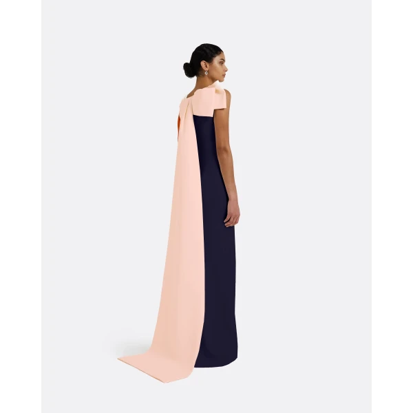 Safiyaa Celestia Long Dress in Azurite & Pale Pink - Safiyaa Dresses - Heavy Crepe Cape Gown - Shop at Luxury Shoes 