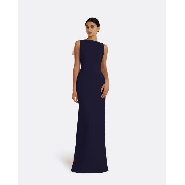 Safiyaa Celestia Long Dress in Azurite & Pale Pink - Safiyaa Dresses - Heavy Crepe Cape Gown - Shop at Luxury Shoes 