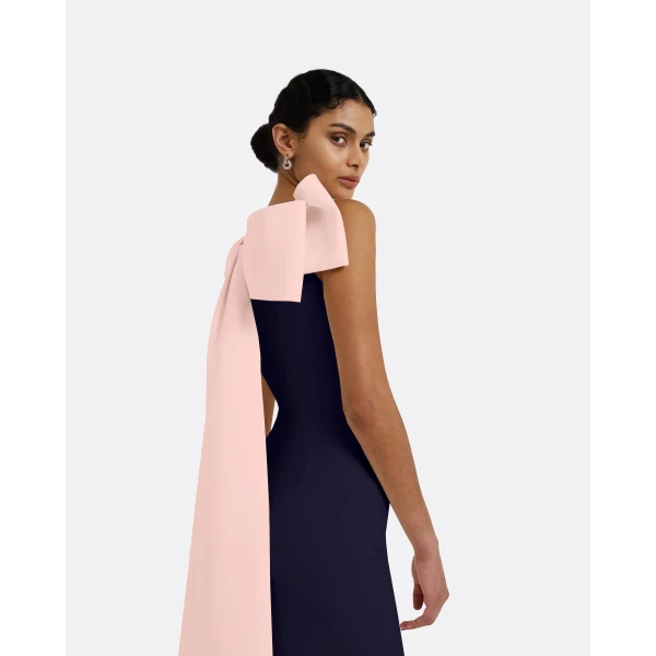 Safiyaa Celestia Long Dress in Azurite & Pale Pink - Safiyaa Dresses - Heavy Crepe Cape Gown - Shop at Luxury Shoes 