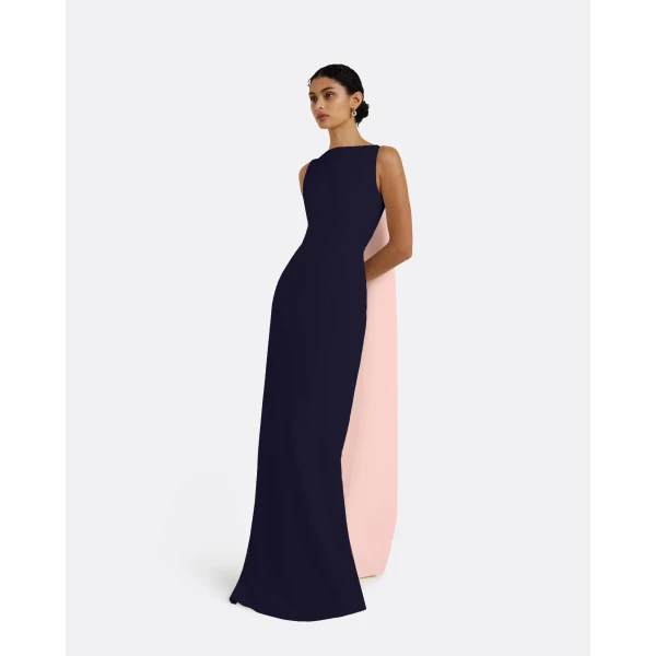 Safiyaa Celestia Long Dress in Azurite & Pale Pink - Safiyaa Dresses - Heavy Crepe Cape Gown - Shop at Luxury Shoes 