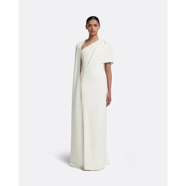 Safiyaa Contessa Long Dress in Ivory - Safiyaa Dresses - Heavy Crepe Cape Gown - Shop at Luxury Shoes 