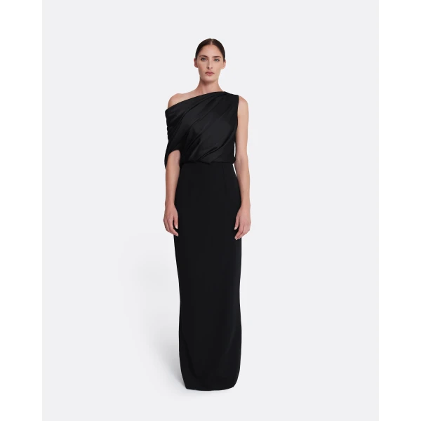 Safiyaa Costanza Long Dress in Black - Safiyaa Dresses - Heavy Crepe Cape Gown - Shop at Luxury Shoes 