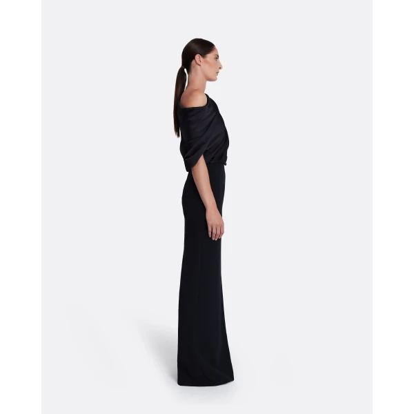 Safiyaa Costanza Long Dress in Black - Safiyaa Dresses - Heavy Crepe Cape Gown - Shop at Luxury Shoes 