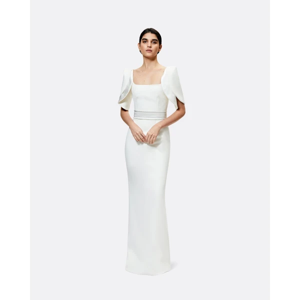 Safiyaa Dara Ivory Long Dress - Safiyaa Dresses - Heavy Crepe Cape Gown - Shop at Luxury Shoes 