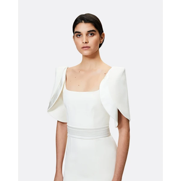 Safiyaa Dara Ivory Long Dress - Safiyaa Dresses - Heavy Crepe Cape Gown - Shop at Luxury Shoes 