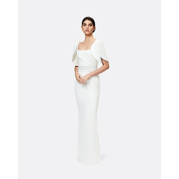 Safiyaa Dara Ivory Long Dress - Safiyaa Dresses - Heavy Crepe Cape Gown - Shop at Luxury Shoes 