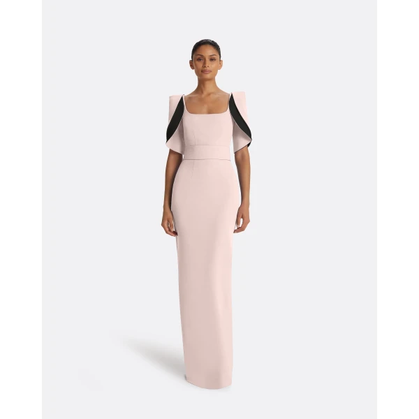 Safiyaa Dara Long Dress in Pale Pink & Black - Safiyaa Dresses - Heavy Crepe Cape Gown - Shop at Luxury Shoes 