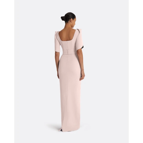Safiyaa Dara Long Dress in Pale Pink & Black - Safiyaa Dresses - Heavy Crepe Cape Gown - Shop at Luxury Shoes 