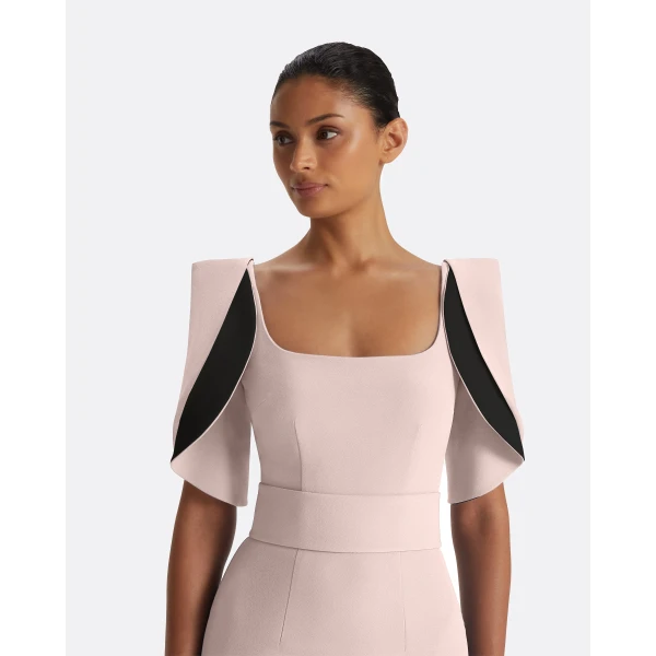 Safiyaa Dara Long Dress in Pale Pink & Black - Safiyaa Dresses - Heavy Crepe Cape Gown - Shop at Luxury Shoes 