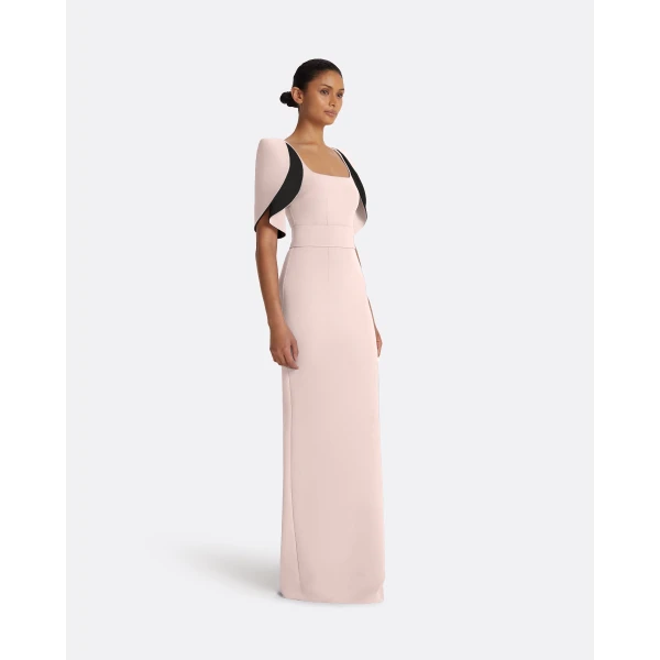 Safiyaa Dara Long Dress in Pale Pink & Black - Safiyaa Dresses - Heavy Crepe Cape Gown - Shop at Luxury Shoes 