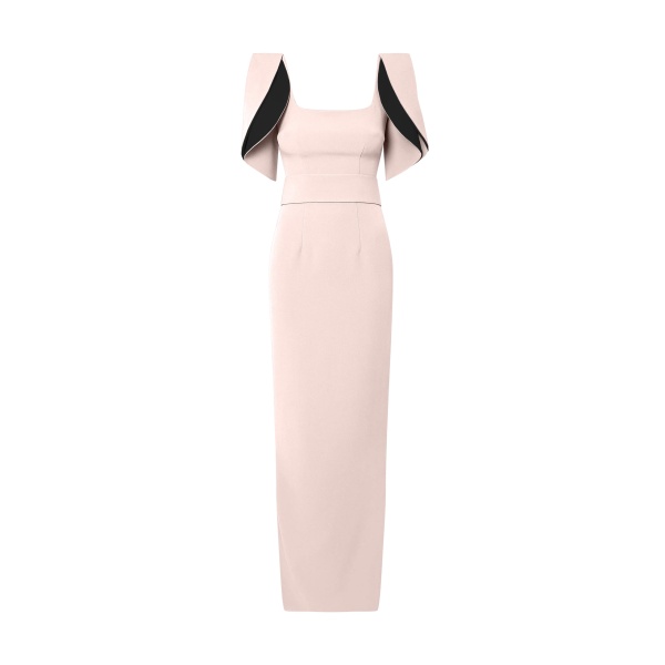 Safiyaa Dara Long Dress in Pale Pink & Black - Safiyaa Dresses - Heavy Crepe Cape Gown - Shop at Luxury Shoes 