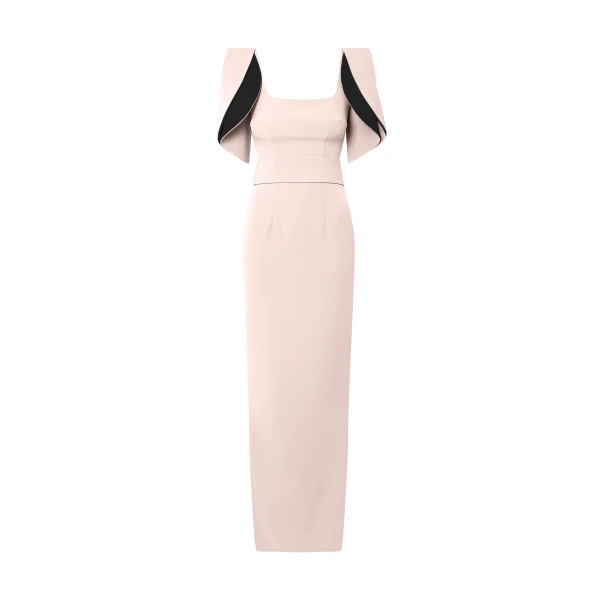 Safiyaa Dara Long Dress in Pale Pink & Black - Safiyaa Dresses - Heavy Crepe Cape Gown - Shop at Luxury Shoes 