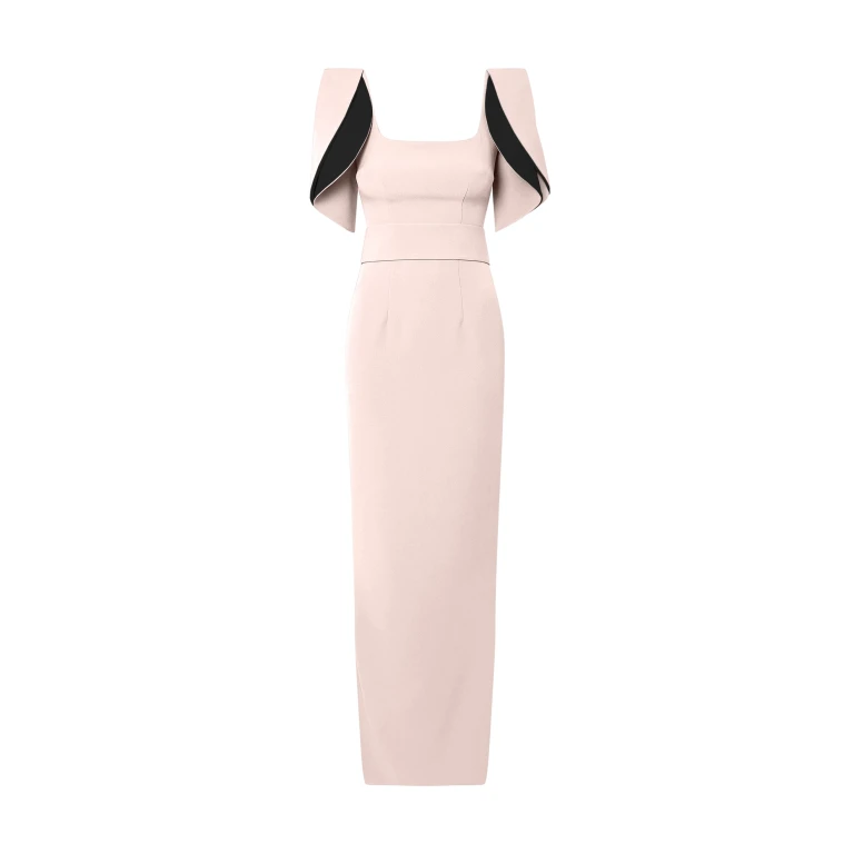 Safiyaa Dara Long Dress in Pale Pink & Black - Safiyaa Dresses - Heavy Crepe Cape Gown - Shop at Luxury Shoes 