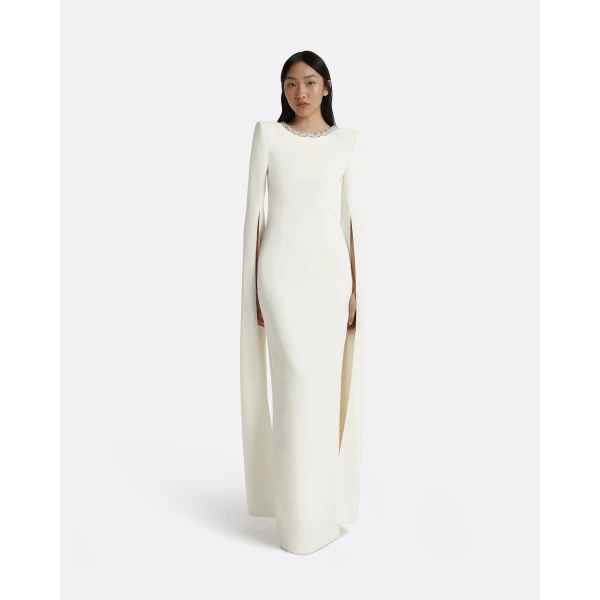 Safiyaa Destiny Ivory Long Dress - Safiyaa Dresses - Heavy Crepe Cape Gown - Shop at Luxury Shoes 