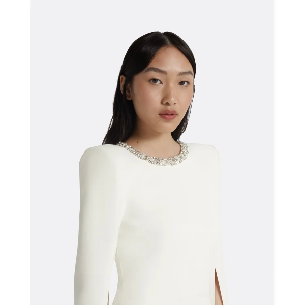Safiyaa Destiny Ivory Long Dress - Safiyaa Dresses - Heavy Crepe Cape Gown - Shop at Luxury Shoes 