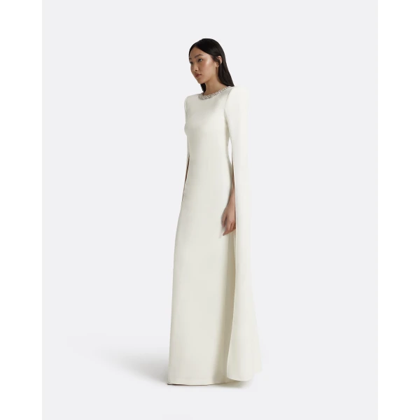 Safiyaa Destiny Ivory Long Dress - Safiyaa Dresses - Heavy Crepe Cape Gown - Shop at Luxury Shoes 