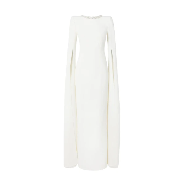 Safiyaa Destiny Ivory Long Dress - Safiyaa Dresses - Heavy Crepe Cape Gown - Shop at Luxury Shoes 