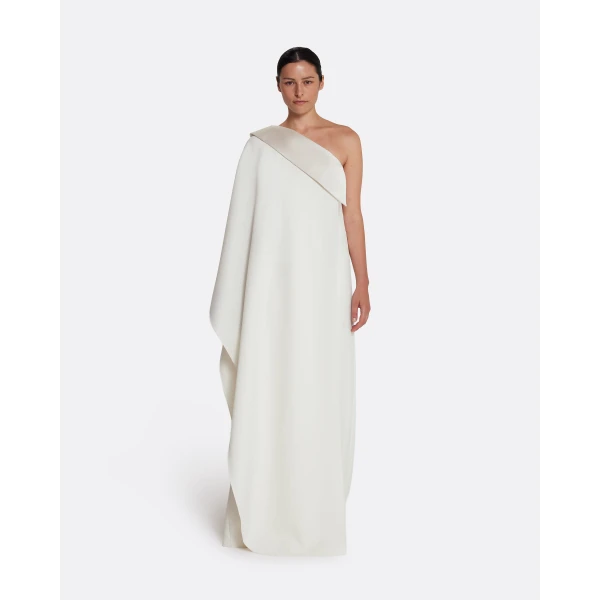Safiyaa Eleonora Long Dress in Ivory - Safiyaa Dresses - Heavy Crepe Cape Gown - Shop at Luxury Shoes 