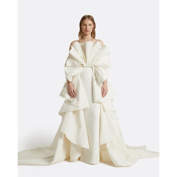 Safiyaa Elsie Ivory Long Dress - Safiyaa Dresses - Heavy Crepe Cape Gown - Shop at Luxury Shoes 