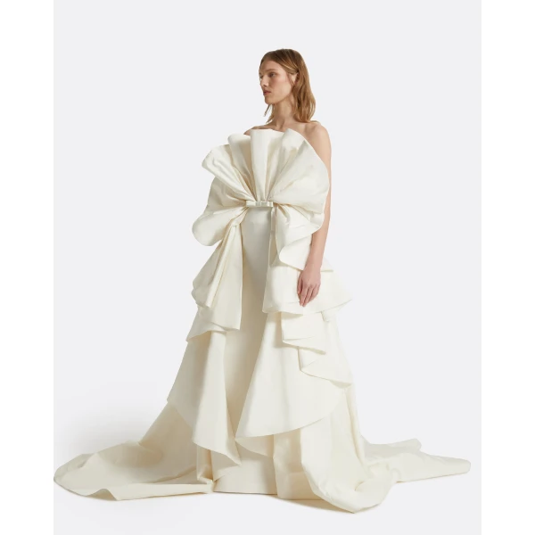 Safiyaa Elsie Ivory Long Dress - Safiyaa Dresses - Heavy Crepe Cape Gown - Shop at Luxury Shoes 