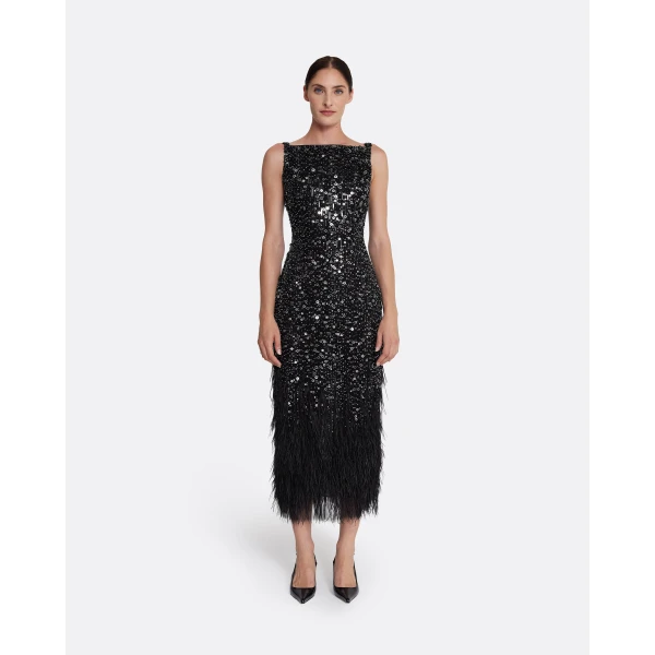 Safiyaa Federica Midi Dress in Black with Feather Embellishment - Safiyaa Dresses - Heavy Crepe Cape Gown - Shop at Luxury Shoes 