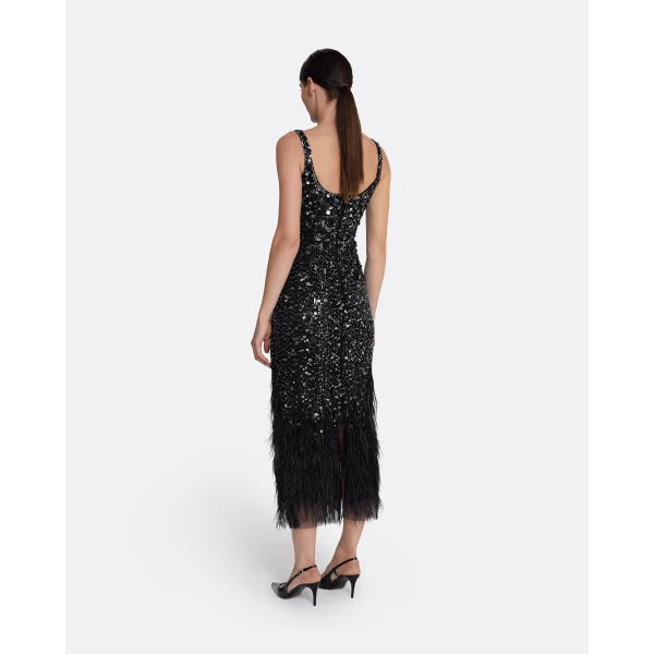 Safiyaa Federica Midi Dress in Black with Feather Embellishment - Safiyaa Dresses - Heavy Crepe Cape Gown - Shop at Luxury Shoes 