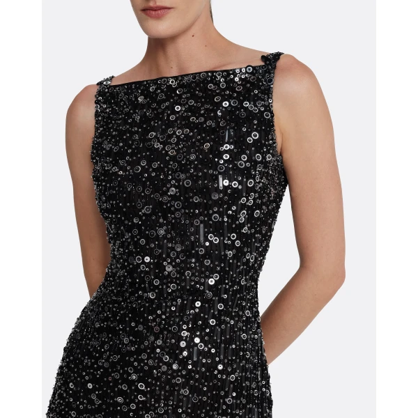 Safiyaa Federica Midi Dress in Black with Feather Embellishment - Safiyaa Dresses - Heavy Crepe Cape Gown - Shop at Luxury Shoes 