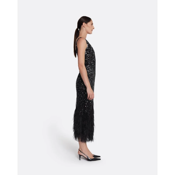 Safiyaa Federica Midi Dress in Black with Feather Embellishment - Safiyaa Dresses - Heavy Crepe Cape Gown - Shop at Luxury Shoes 