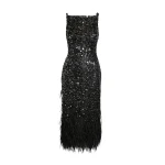 Safiyaa Federica Midi Dress in Black with Feather Embellishment - Safiyaa Dresses - Heavy Crepe Cape Gown - Shop at Luxury Shoes 