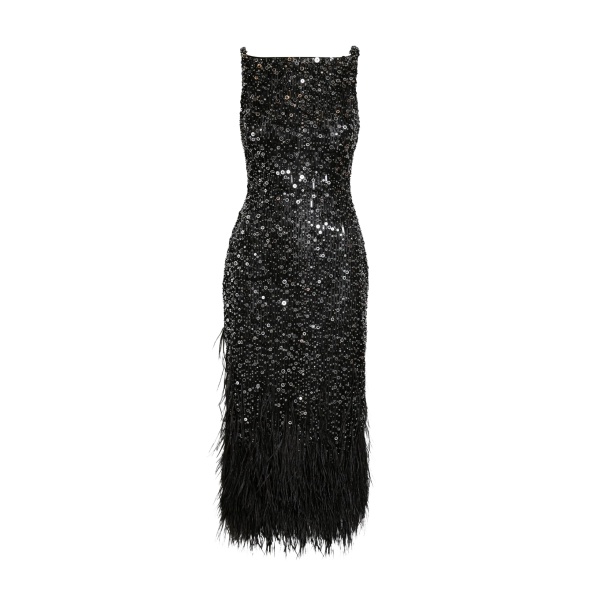 Safiyaa Federica Midi Dress in Black with Feather Embellishment - Safiyaa Dresses - Heavy Crepe Cape Gown - Shop at Luxury Shoes 