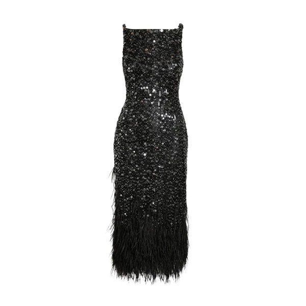 Safiyaa Federica Midi Dress in Black with Feather Embellishment - Safiyaa Dresses - Heavy Crepe Cape Gown - Shop at Luxury Shoes 