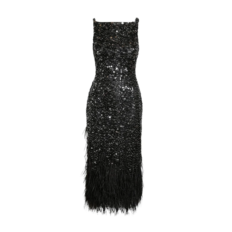 Safiyaa Federica Midi Dress in Black with Feather Embellishment - Safiyaa Dresses - Heavy Crepe Cape Gown - Shop at Luxury Shoes 