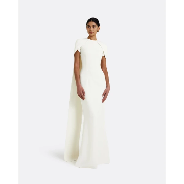 Safiyaa Ginkgo Ivory Dress - Safiyaa Dresses - Heavy Crepe Cape Gown - Shop at Luxury Shoes 