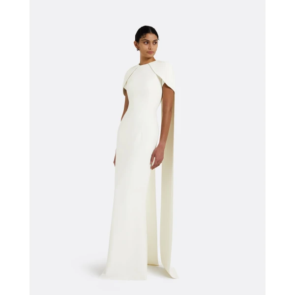 Safiyaa Ginkgo Ivory Dress - Safiyaa Dresses - Heavy Crepe Cape Gown - Shop at Luxury Shoes 