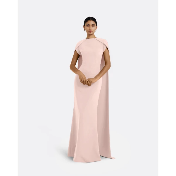 Safiyaa Ginkgo Long Dress in Pale Pink - Safiyaa Dresses - Heavy Crepe Cape Gown - Shop at Luxury Shoes 