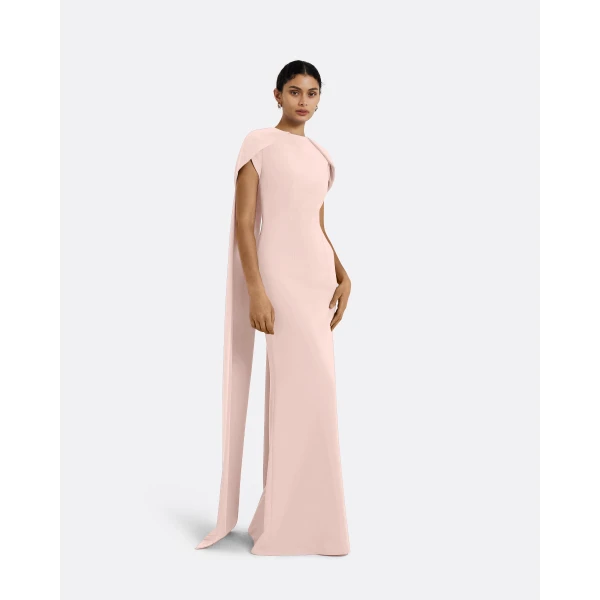 Safiyaa Ginkgo Long Dress in Pale Pink - Safiyaa Dresses - Heavy Crepe Cape Gown - Shop at Luxury Shoes 