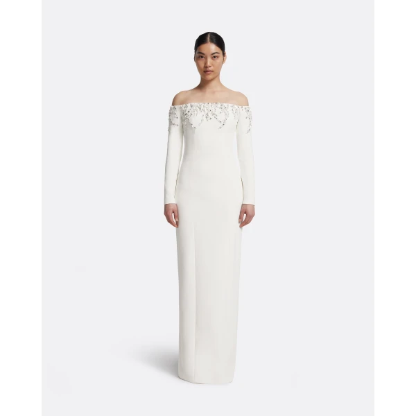 Safiyaa Gioia Long Dress in Ivory with Crystal Embroidery - Safiyaa Dresses - Heavy Crepe Cape Gown - Shop at Luxury Shoes 