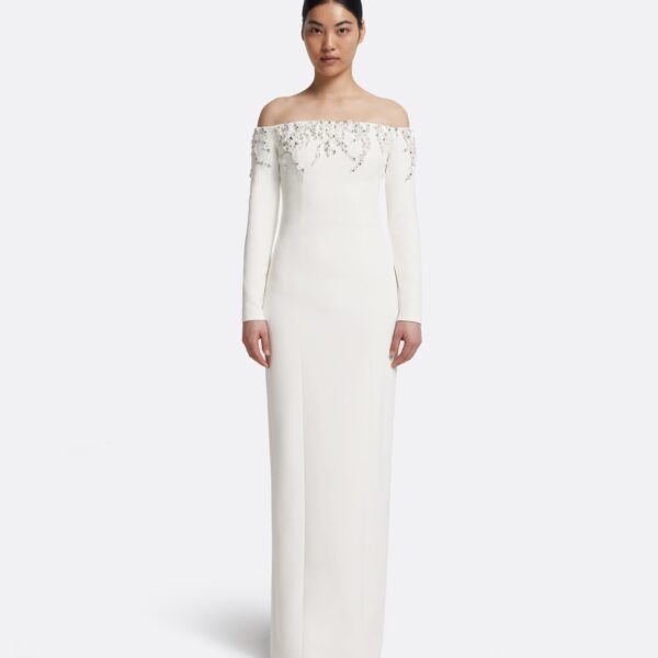 Safiyaa Gioia Long Dress in Ivory with Crystal Embroidery, view 2