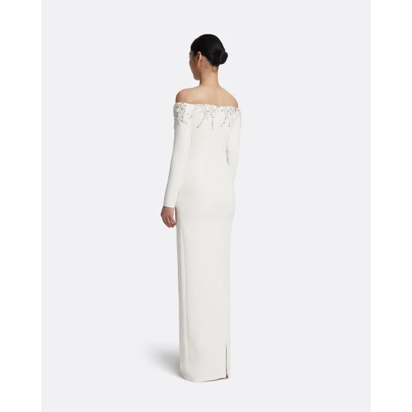 Safiyaa Gioia Long Dress in Ivory with Crystal Embroidery - Safiyaa Dresses - Heavy Crepe Cape Gown - Shop at Luxury Shoes 