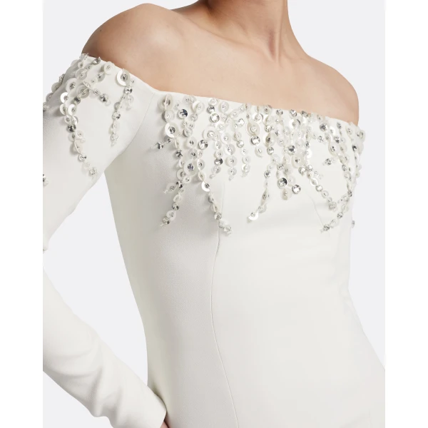 Safiyaa Gioia Long Dress in Ivory with Crystal Embroidery - Safiyaa Dresses - Heavy Crepe Cape Gown - Shop at Luxury Shoes 