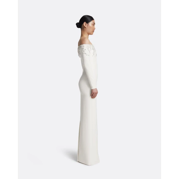 Safiyaa Gioia Long Dress in Ivory with Crystal Embroidery - Safiyaa Dresses - Heavy Crepe Cape Gown - Shop at Luxury Shoes 