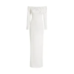 Safiyaa Gioia Long Dress in Ivory with Crystal Embroidery - Safiyaa Dresses - Heavy Crepe Cape Gown - Shop at Luxury Shoes 
